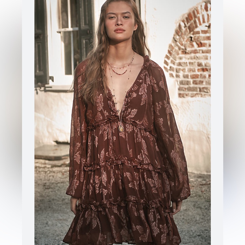 Anthropologie Long Sleeve Tiered Metallic Mini Dress in Cocoa Plum Sz S